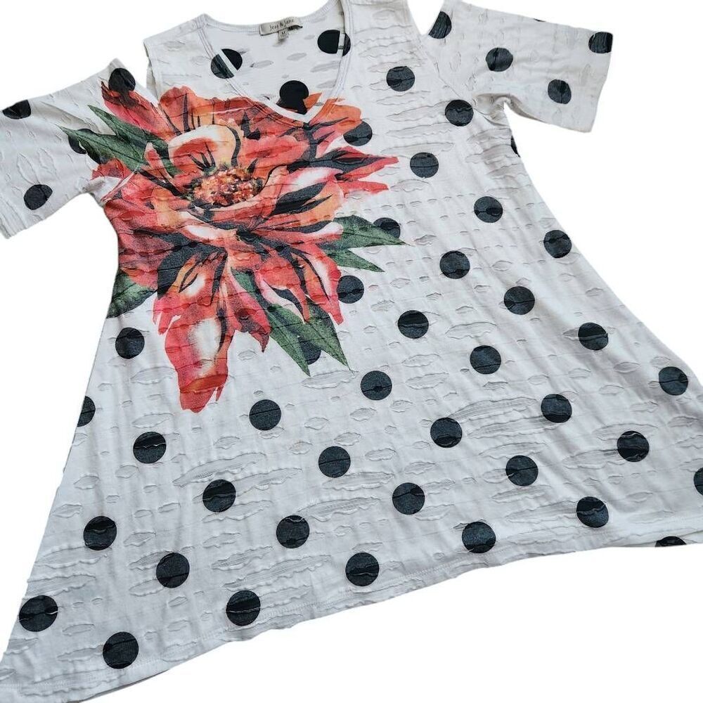 Jess & Jane Tunic Top Womens Medium Oversized Floral Cold Shoulder Boho Polka Do
